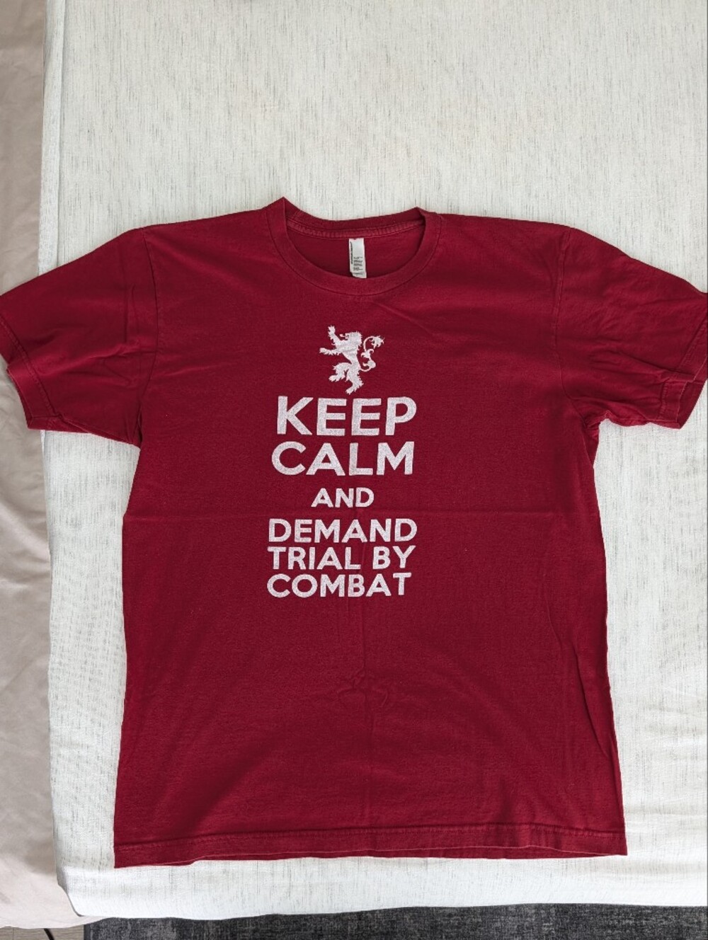 American Apparel Red 'Keep Calm and Demand Trial by Combat' Graphic Tee